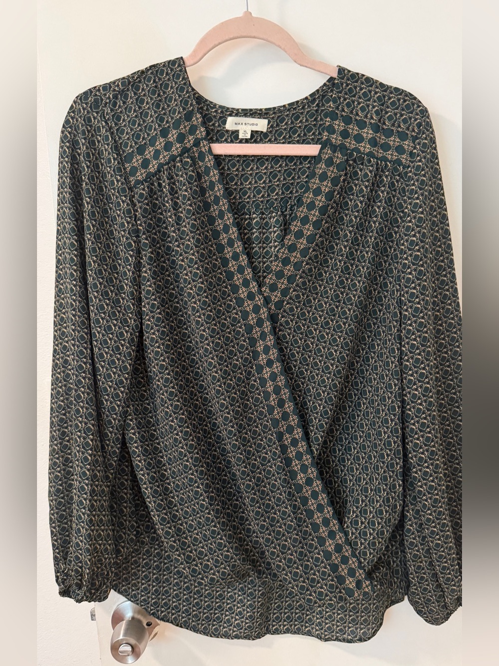 Max Studio green and black patterned faux wrap blouse